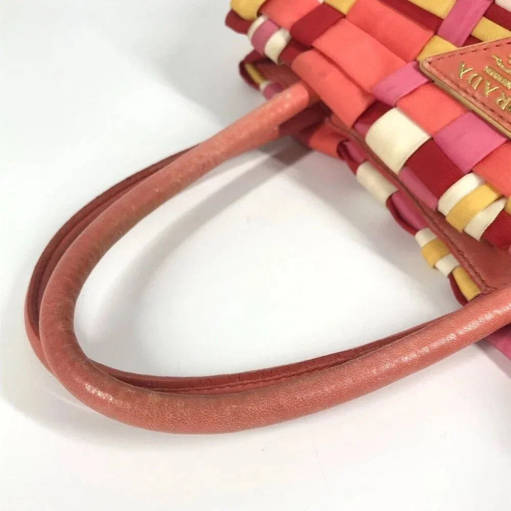 PRADA Braided Logo triangle logo plate Bag Tote Bag Hand Bag Nylon pink/White - Picture 6 of 14
